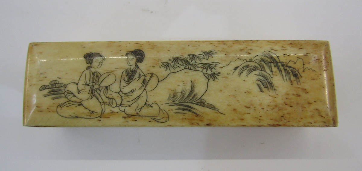 Chinese bone box of rectangular form with sliding cover, decorated with two seated figures, a pair - Image 6 of 8