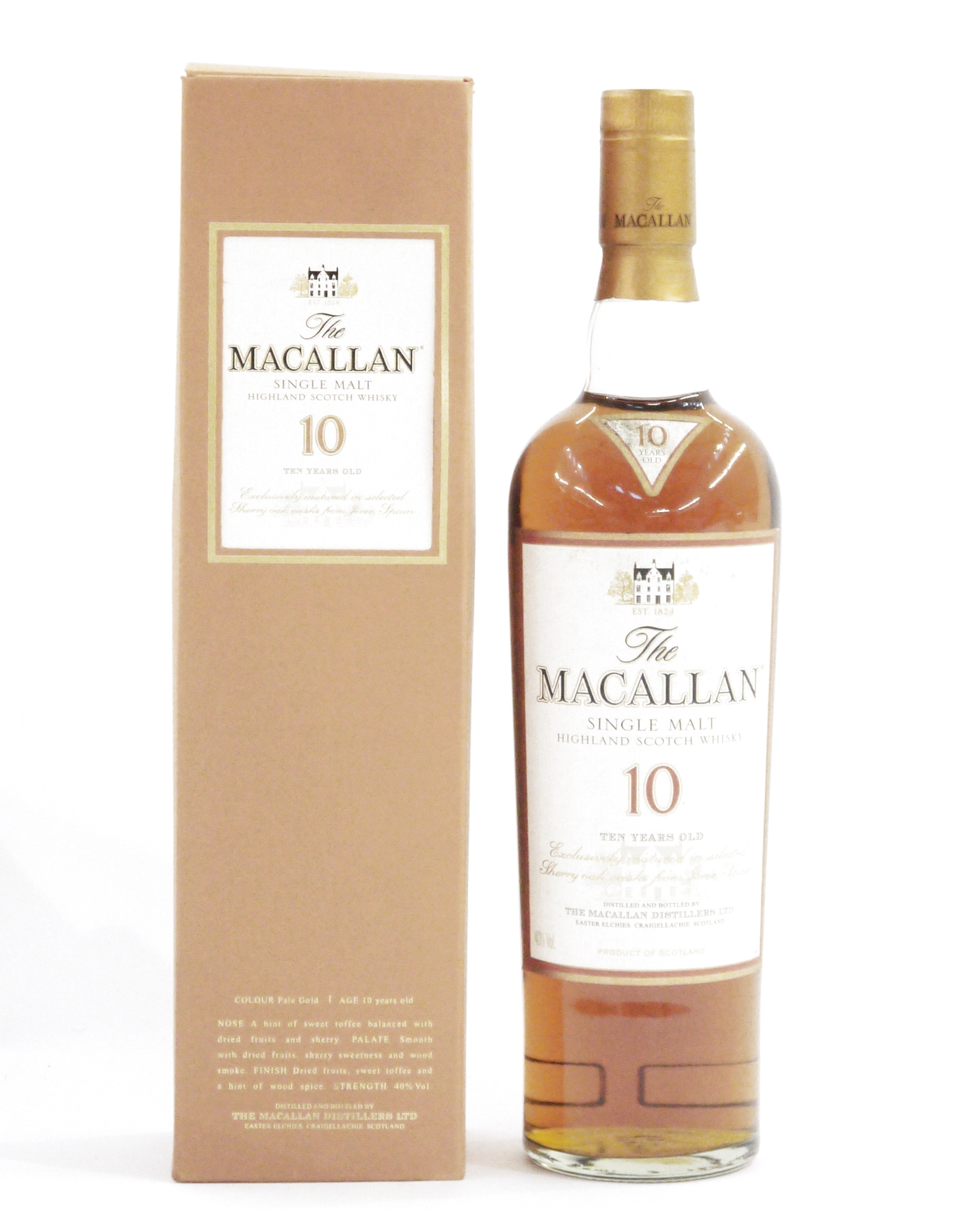 The Macallan 10 year old single malt highland scotch whisky, beautifully matured in selected