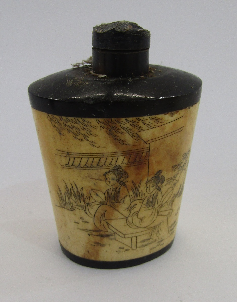 Chinese bone box of rectangular form with sliding cover, decorated with two seated figures, a pair - Image 4 of 8