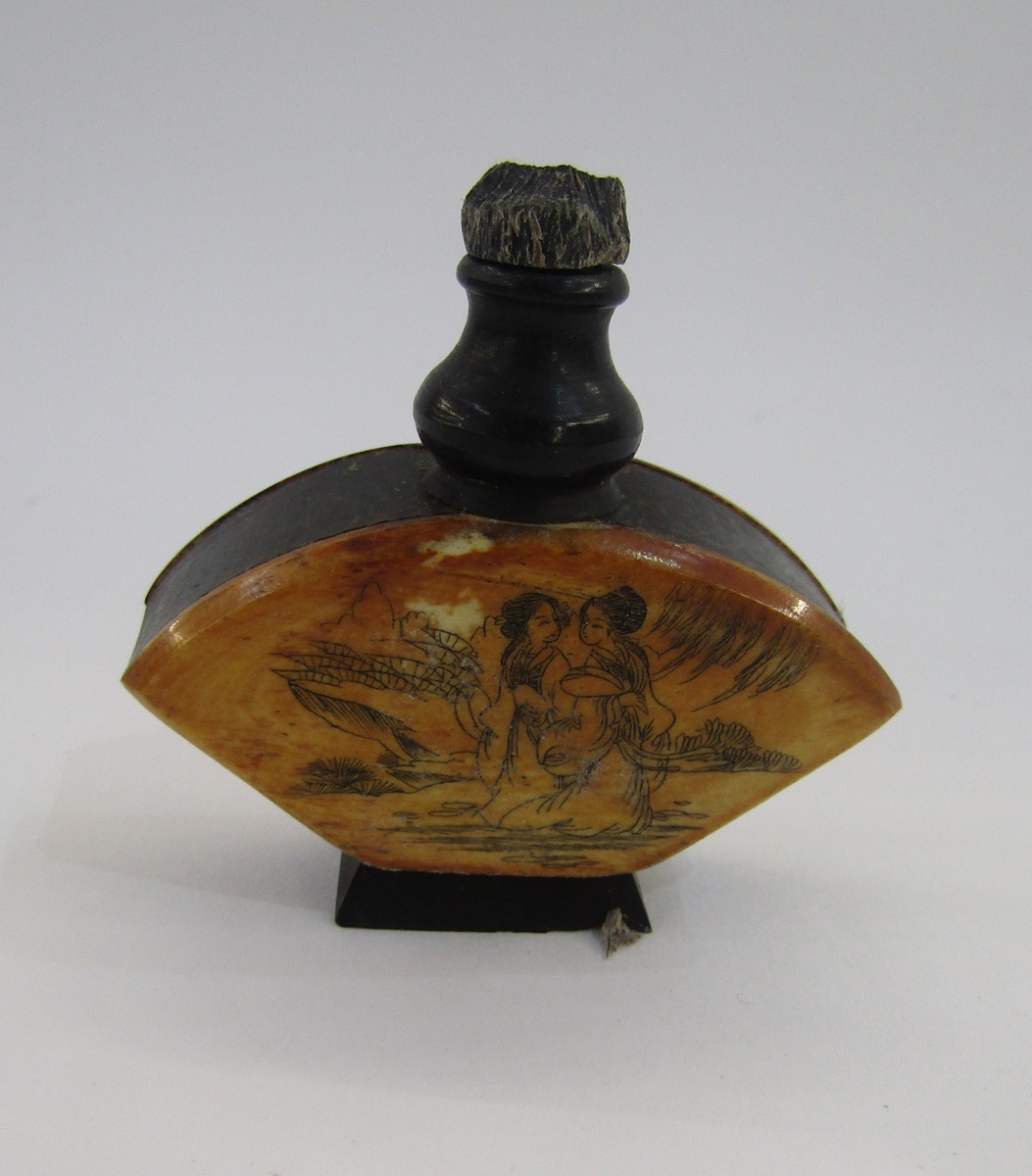 Chinese bone box of rectangular form with sliding cover, decorated with two seated figures, a pair - Image 3 of 8