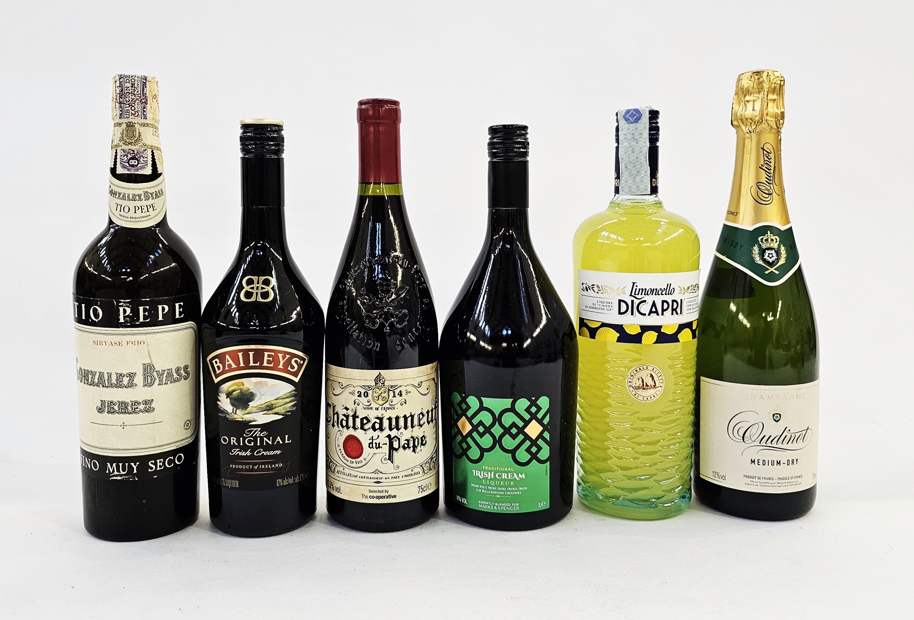 Gonzalez Byass Jerez Tio Pepe, together with a bottle of Baileys Irish Cream, a bottle of Marks &