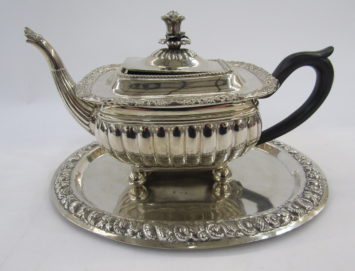 Silver plate teapot in the George III manner of rectangular squat form with flower finial, scrolling - Image 3 of 3