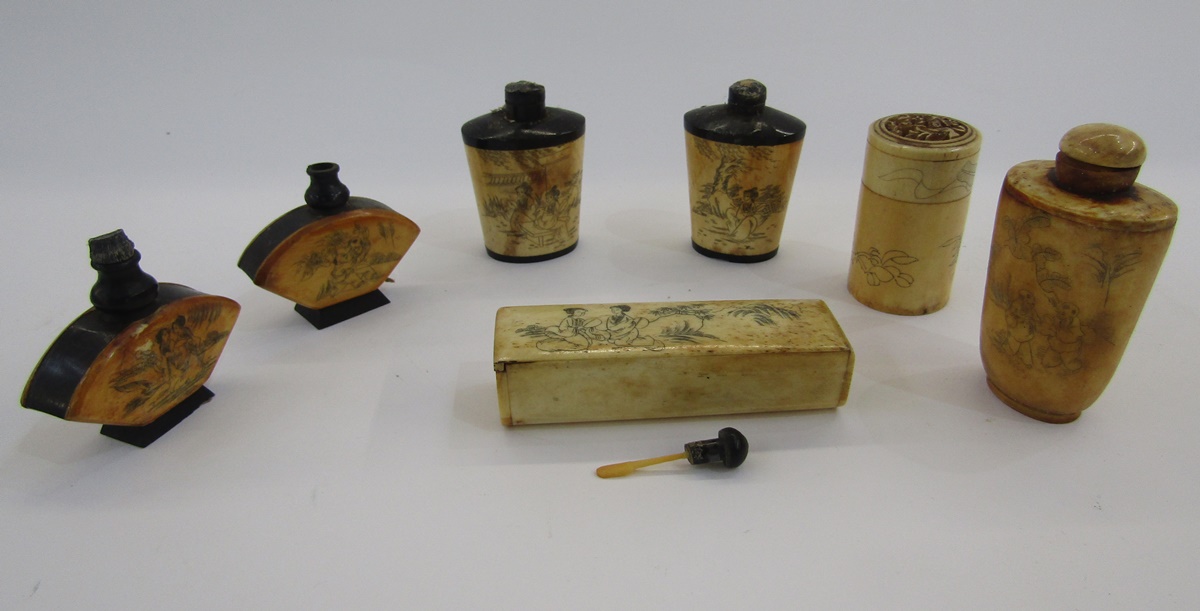 Chinese bone box of rectangular form with sliding cover, decorated with two seated figures, a pair - Image 2 of 8