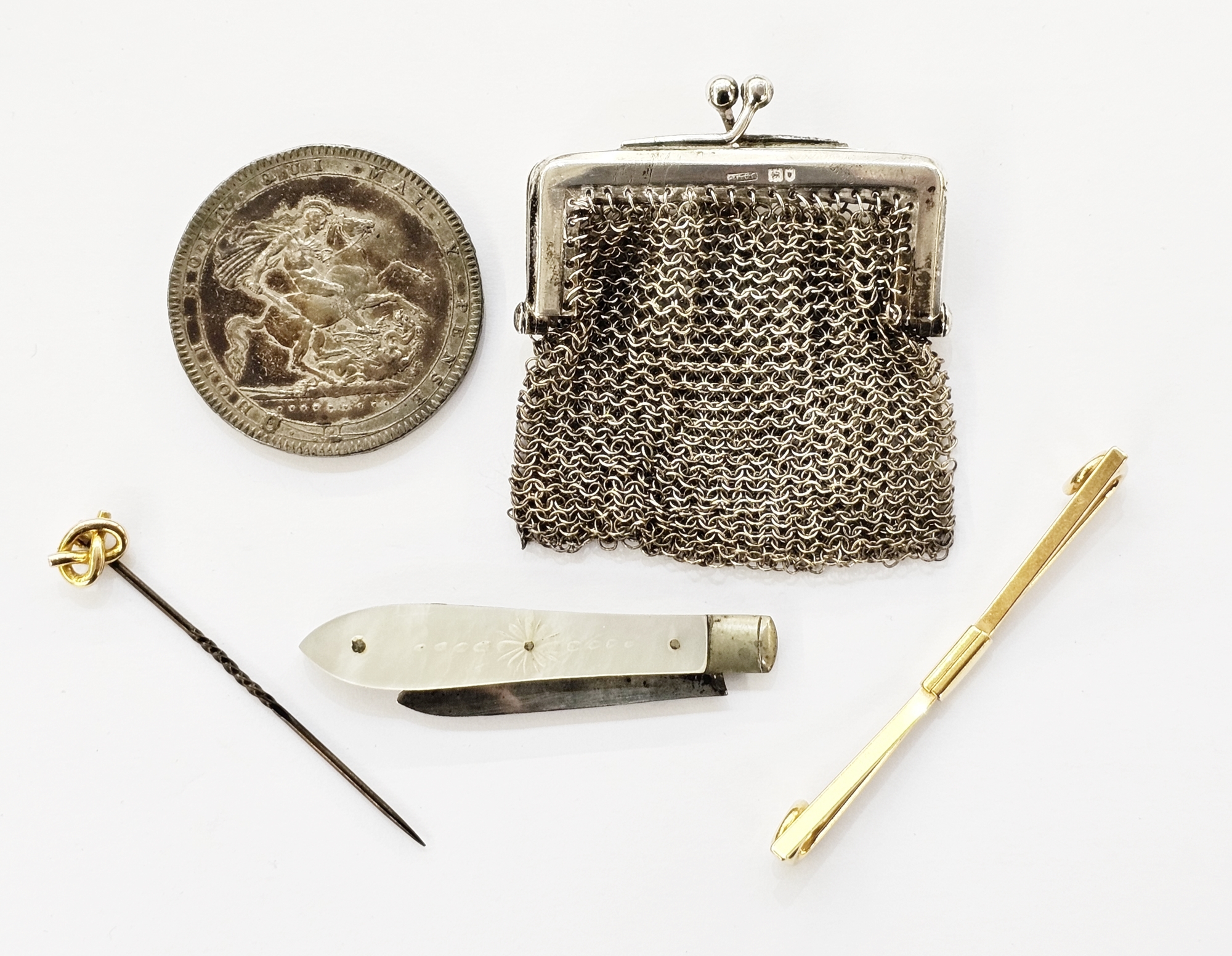 19th century stickpin surmounted with a gold coloured knot design (marks unclear), a silver mesh