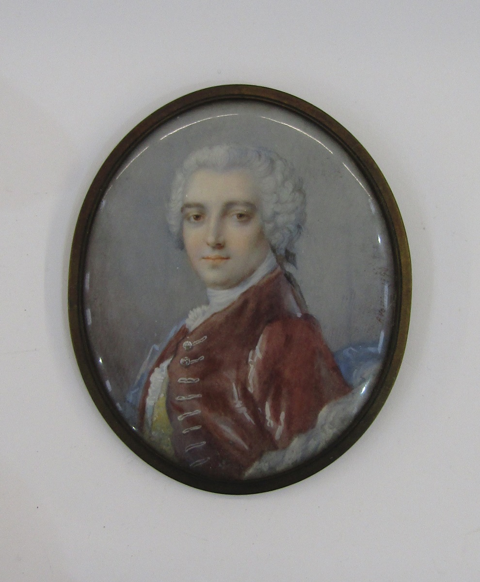 Pair of portrait miniatures depicting a lady and gentleman in the 18th century-style, he in a red - Image 3 of 10