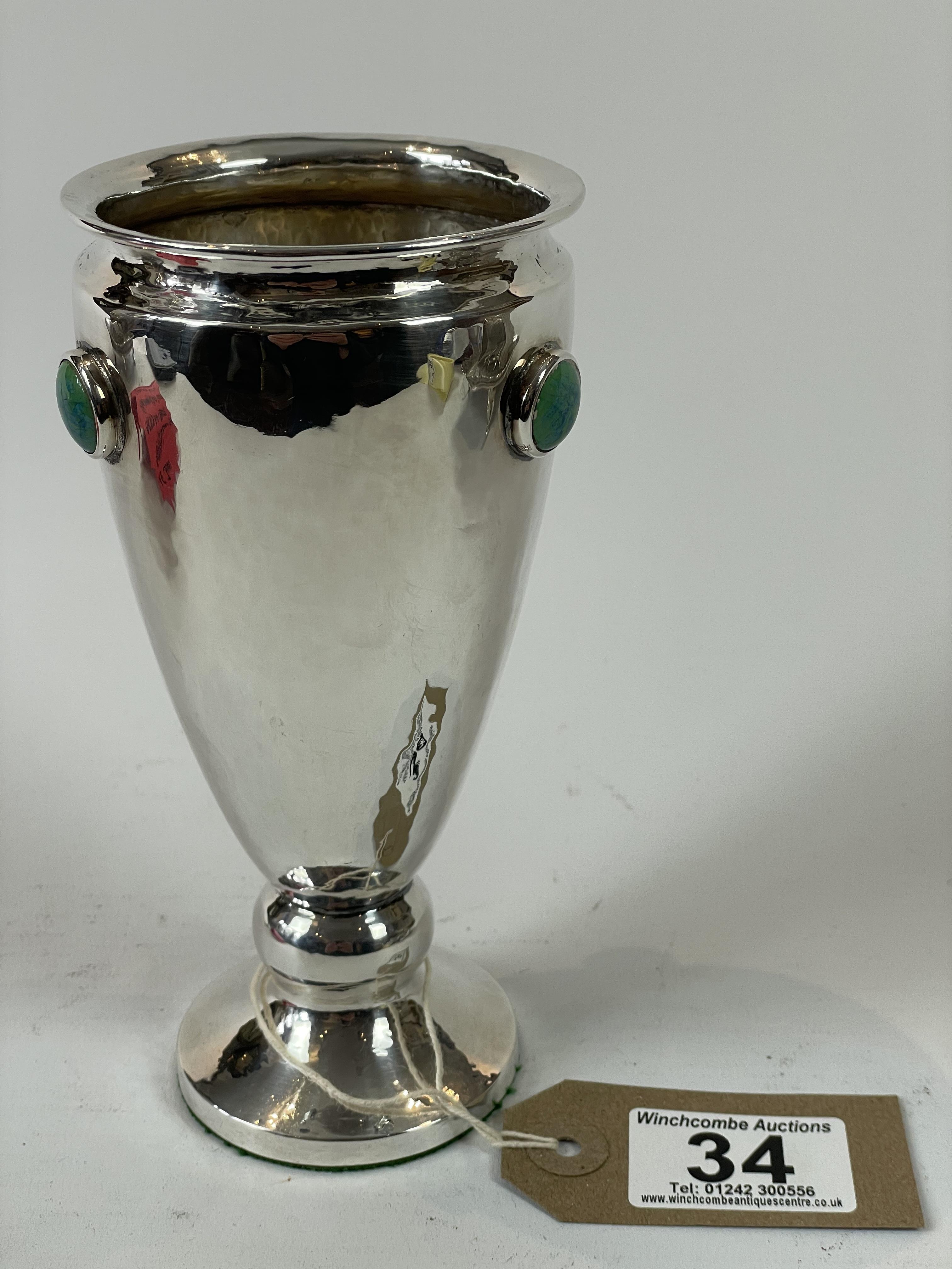 AE Jones Birmingham 1915 Arts and Crafts Hammered Silver Chalice with Ruskin Cabachons