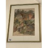 Antique Water Colour Of A Lady In Front Of House