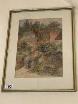 Antique Water Colour Of A Lady In Front Of House