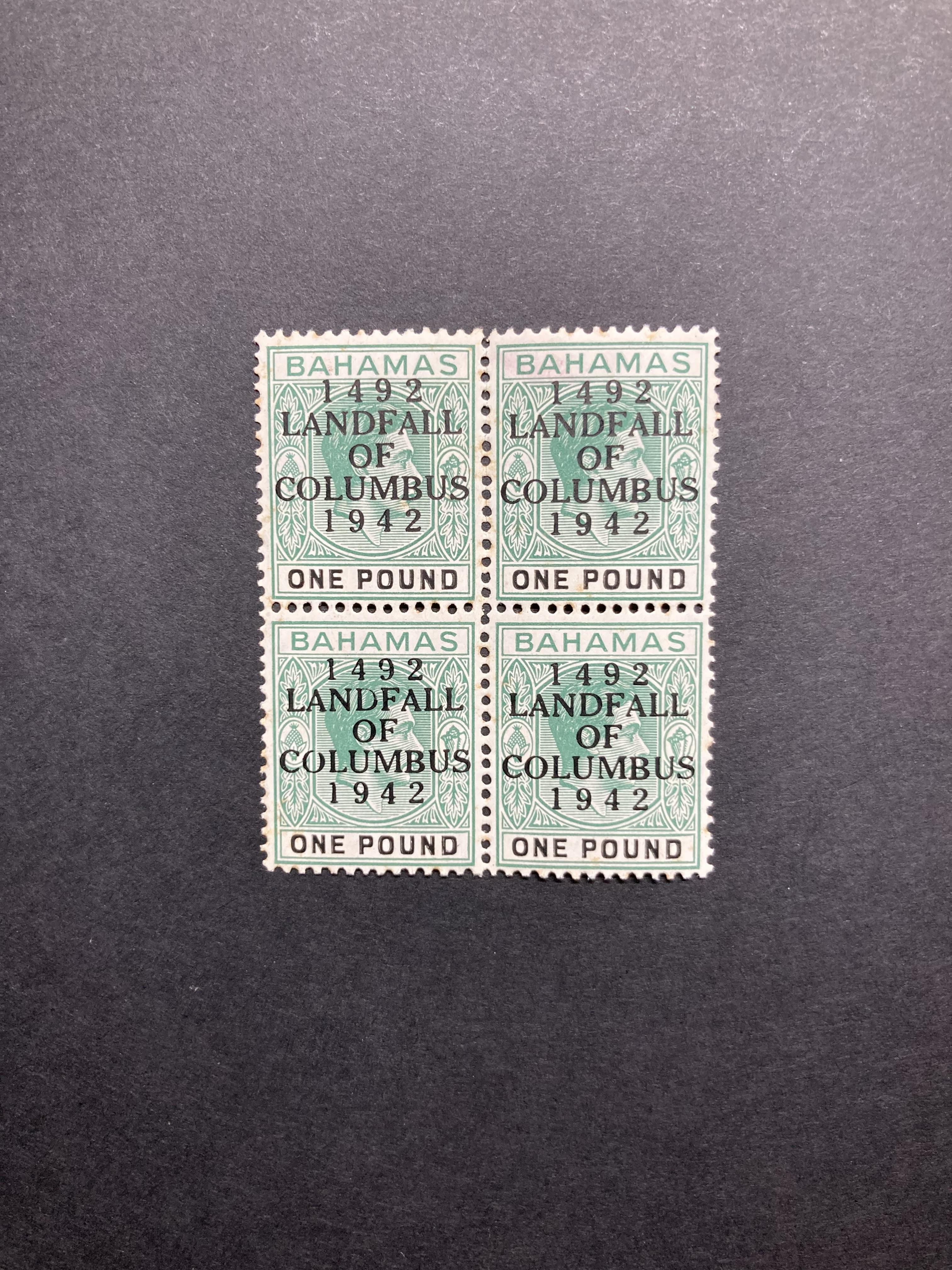 Bahamas stamps: KGVI £1 Landfall of Columbus mint block of 4, thick paper, SG 175, cat £320