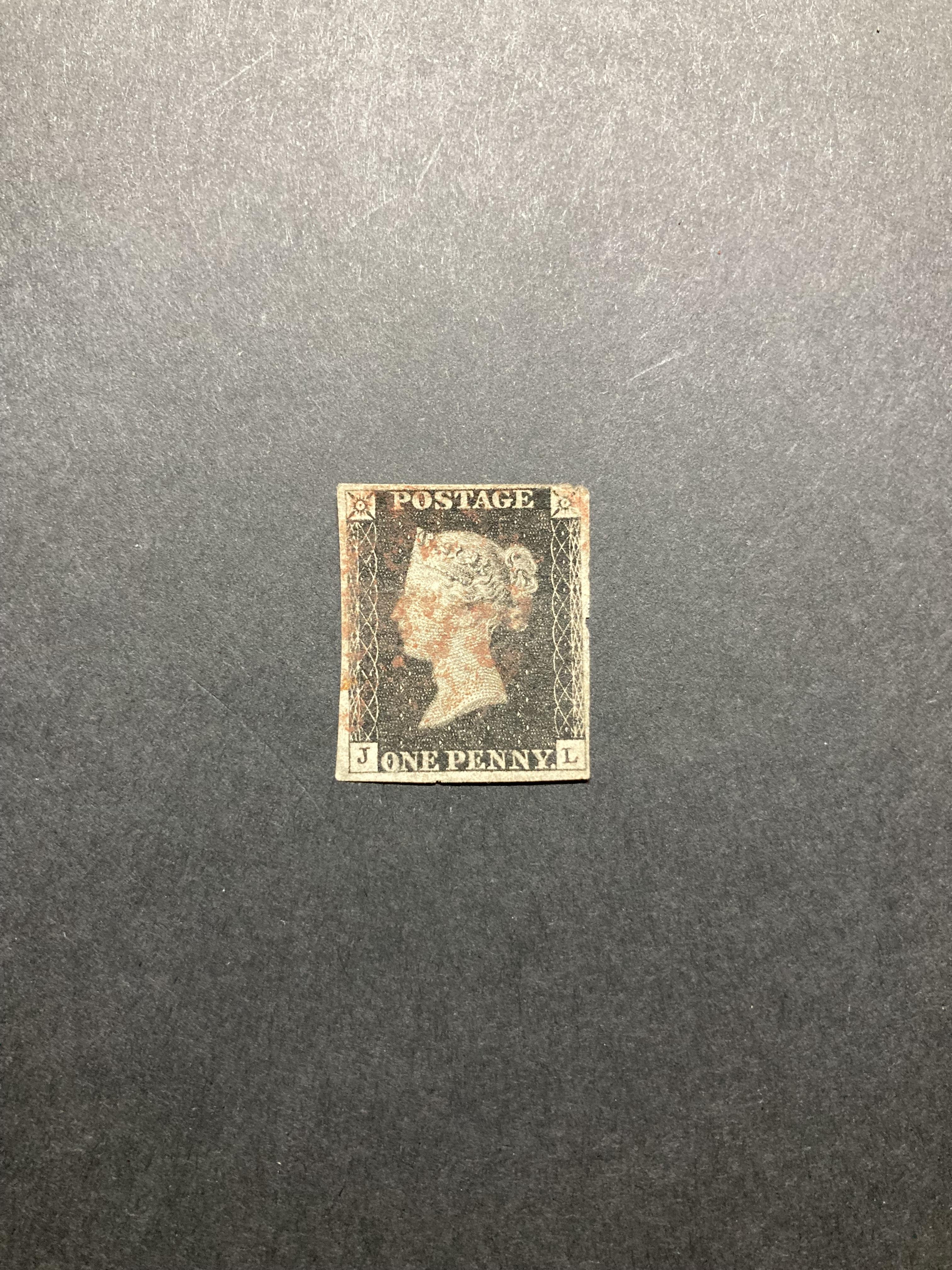 GB stamp: Line engraved Penny Black ‘JL’, Plate 8 with ‘O’ flaw, 4 margin, red Maltese Cross. SG 2.