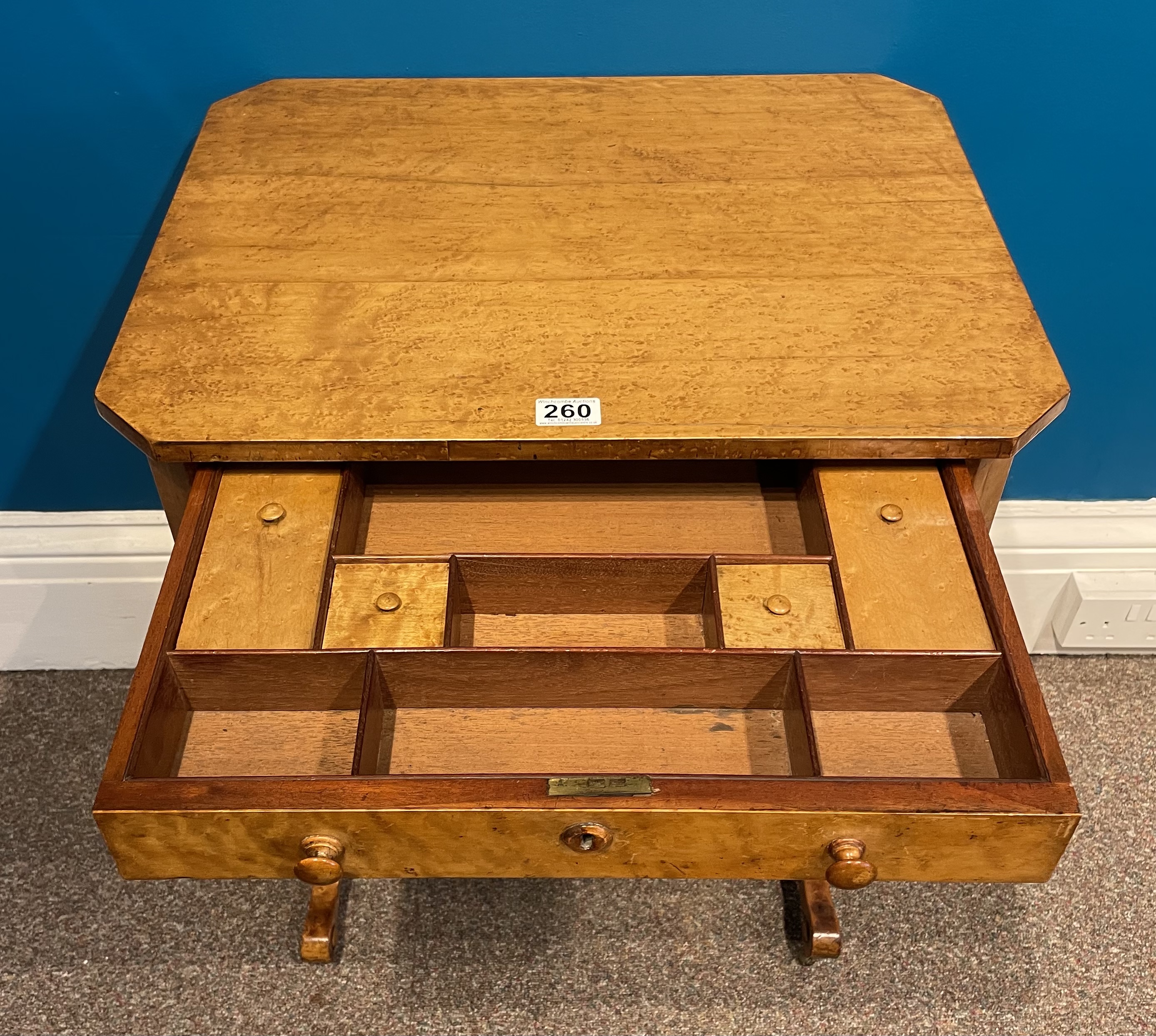 A Mid 19th Century Birds Eye Maple Work Table On Trestle Support - Image 2 of 2