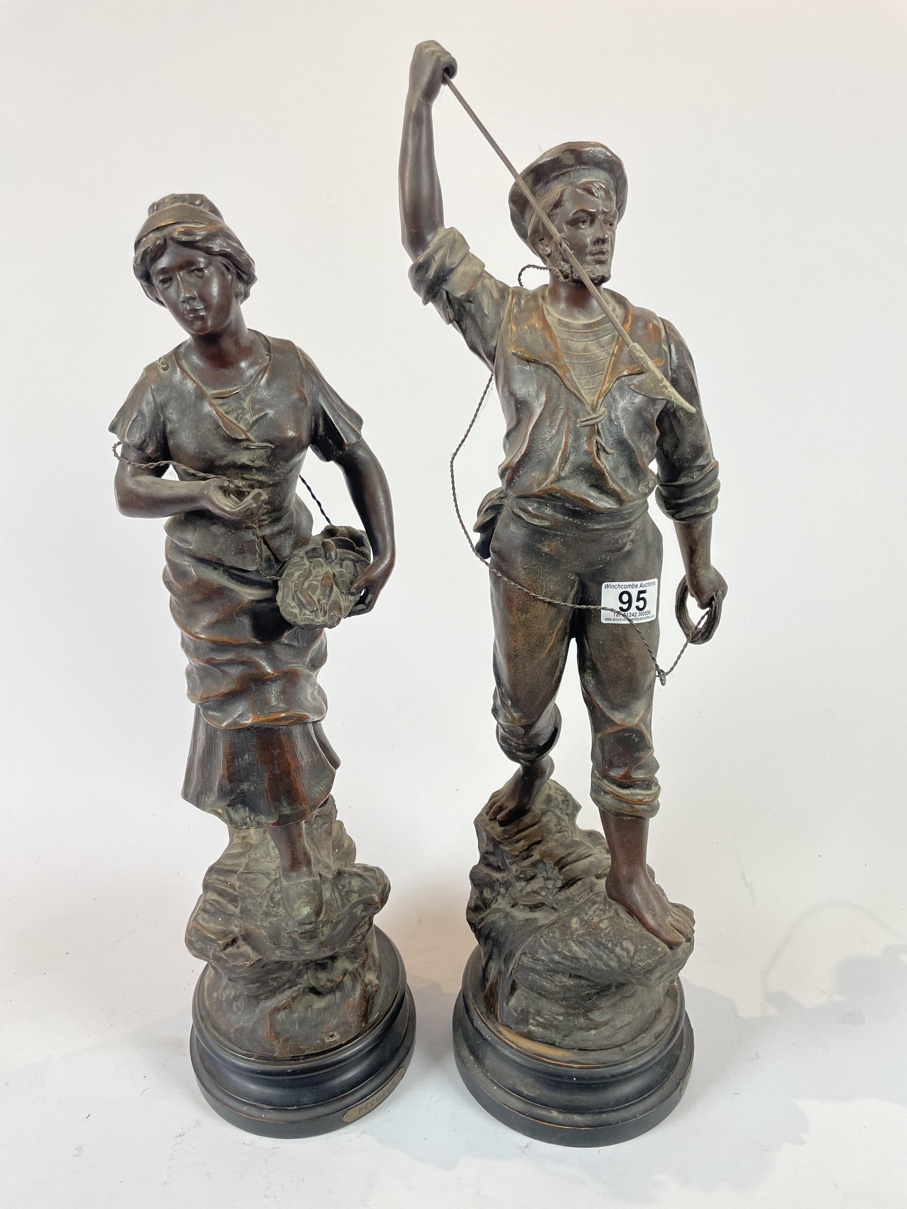 Spelter Figure of a Fisherman & Fisherwoman by Mestais