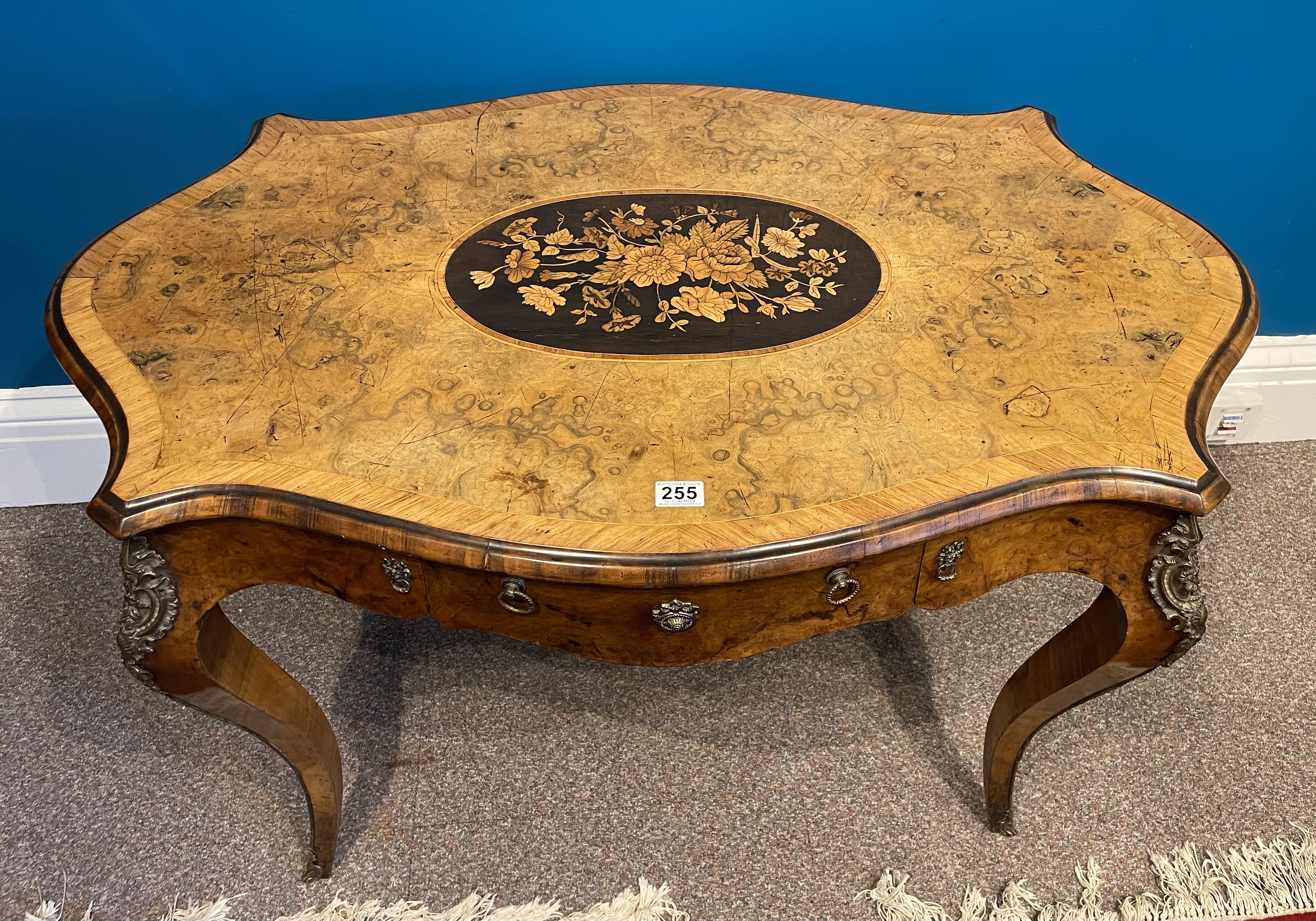 A 19th century French burr walnut central desk with draw. - Image 2 of 2