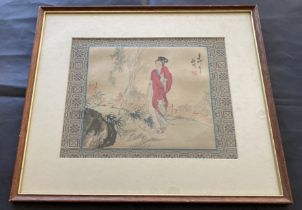 Chinese silk print of lady in red costume with inscription