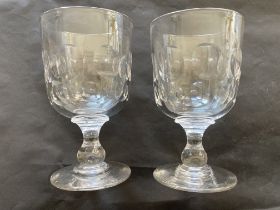 Pair of large Victorian lens cut drinking glasses, c 15 cm high, 9cm wide bowl.