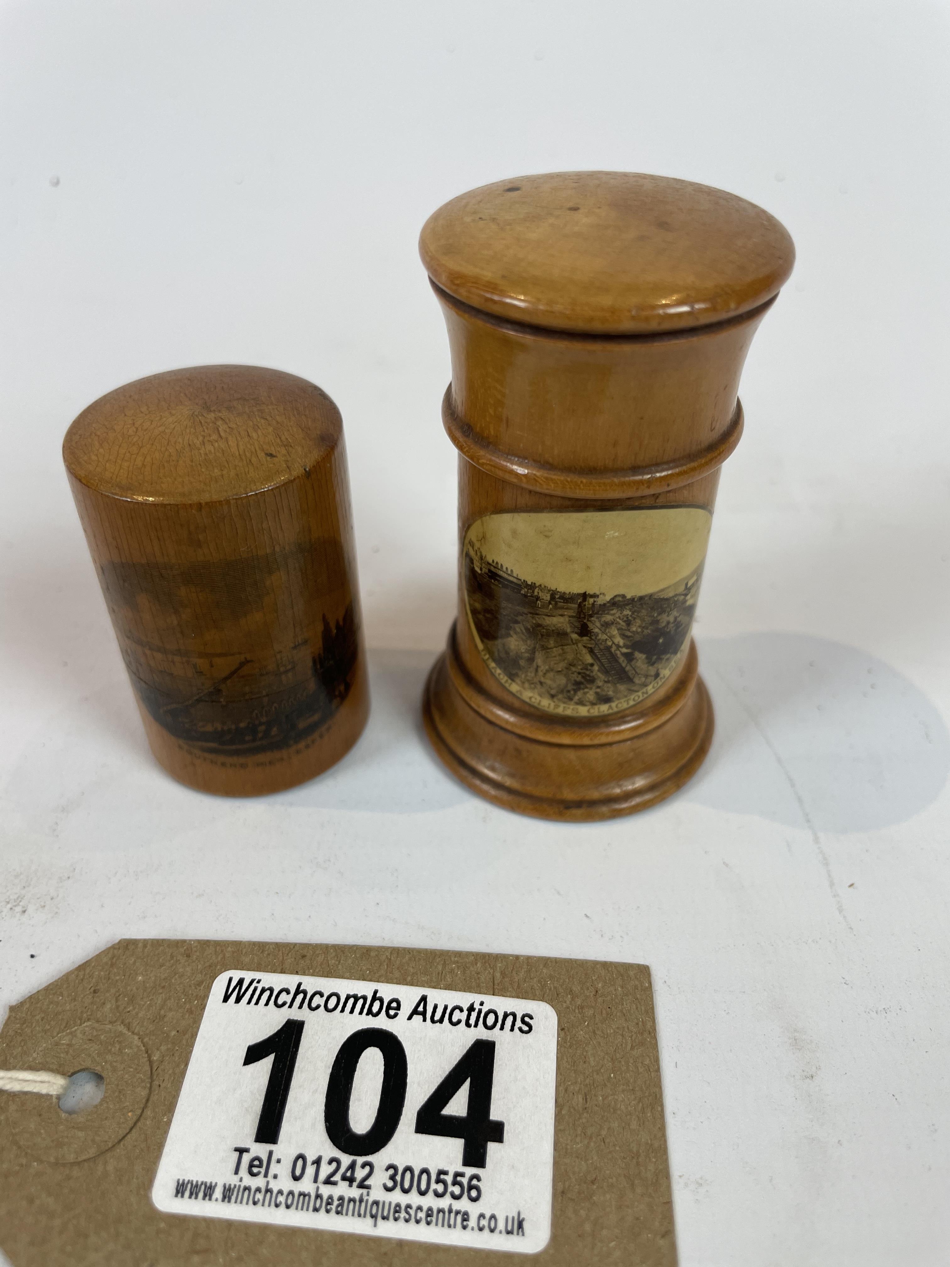 Two Mauchline Ware Treen Cylinder Boxes