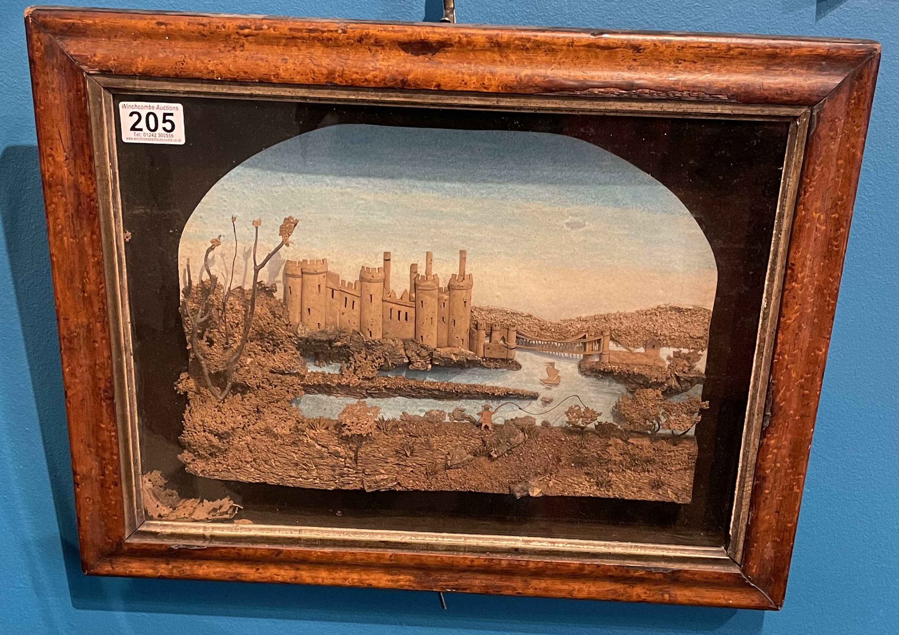 A Victorian Cork Picture Of Conway Castle In Burr Maple Frame