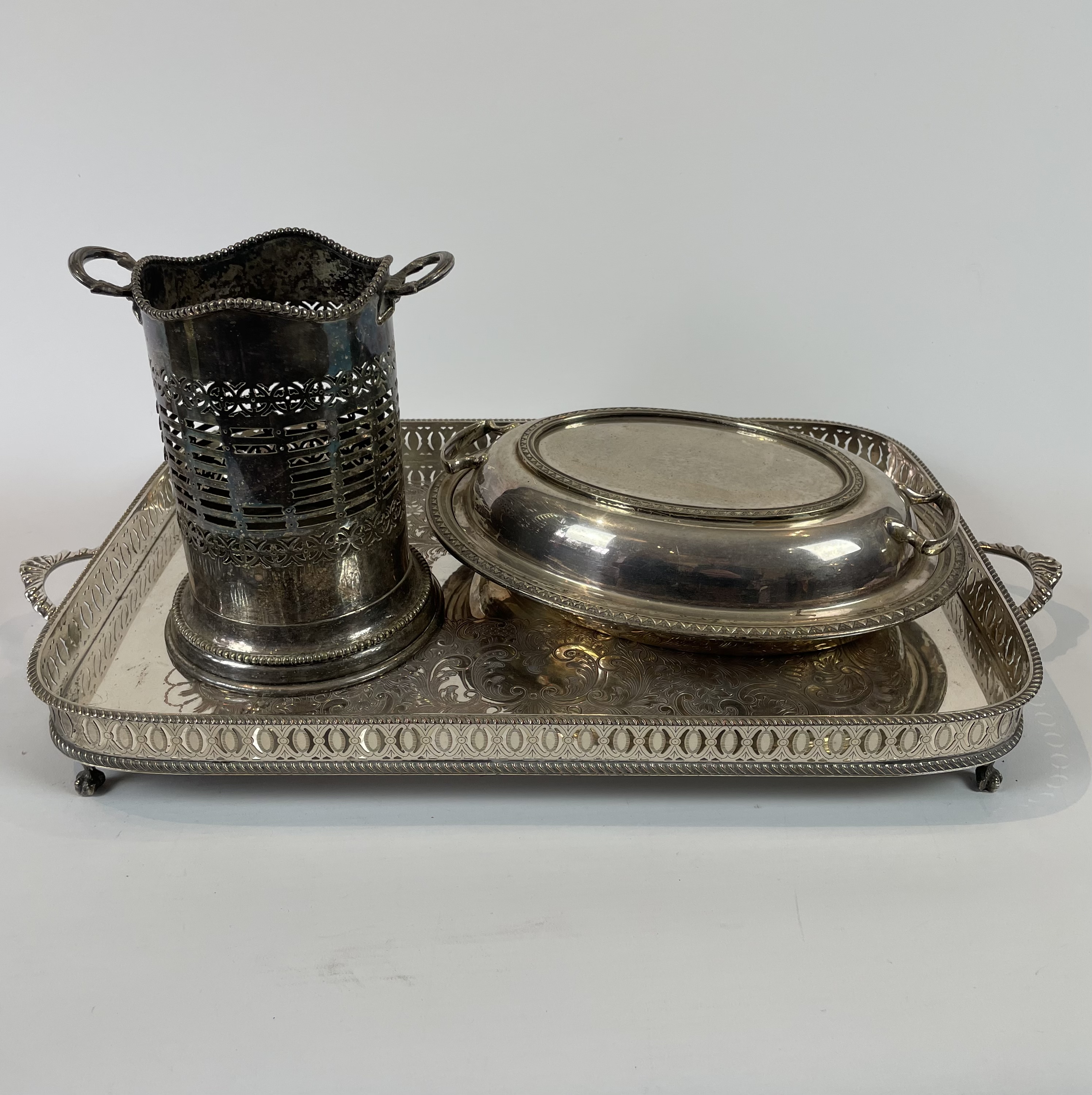 Silver Plated Galleried Tray, Bottle Holder And Chafing Dish