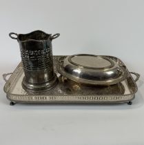 Silver Plated Galleried Tray, Bottle Holder And Chafing Dish