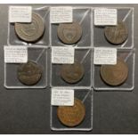 Collection of 6 late 18th/early 19th C condor tokens / coins and period 3/- bank token forgery.