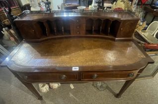 Circa 1940's Sheraton Style Desk With Brass Gallery & Brown Leather Insert & Two Drawers