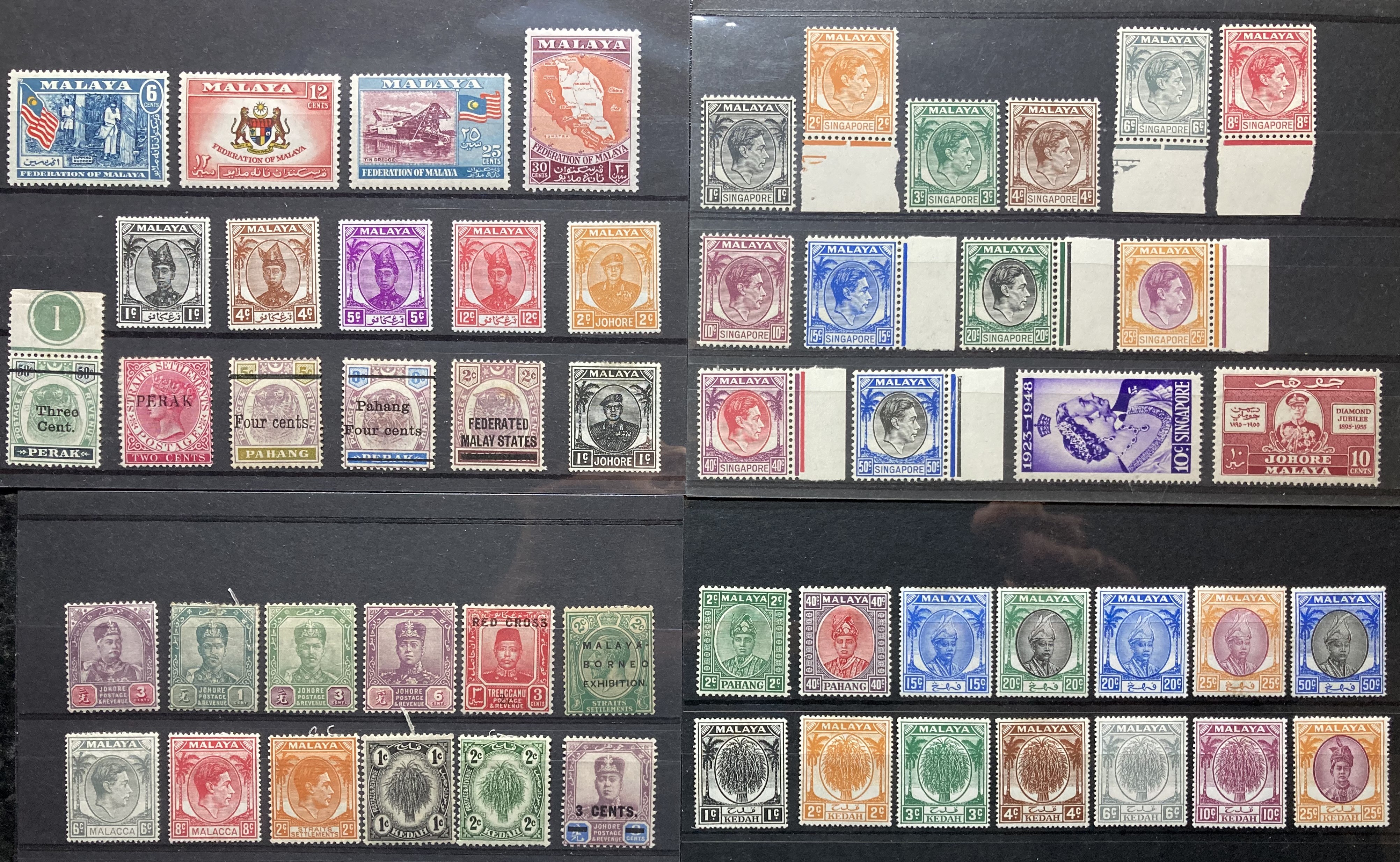 Stamps of Malaya: Four stock cards of mint issues of Straits Settlements and Malay states such as Ke