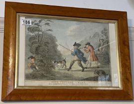 Early 19th Century Hand Coloured Humorous Engraving In A Burr Maple Frame
