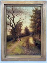 A Victorian Oil On Canvas Of A Lady A Girl Along A Canal Towpath In Uffington Meadow