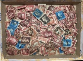 GB stamps: Small box of line engraved issues - 1d black, 1d reds and 2d blues.