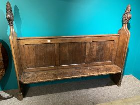 An Carved Victorian Oak And Pine Pew With Carved Finials