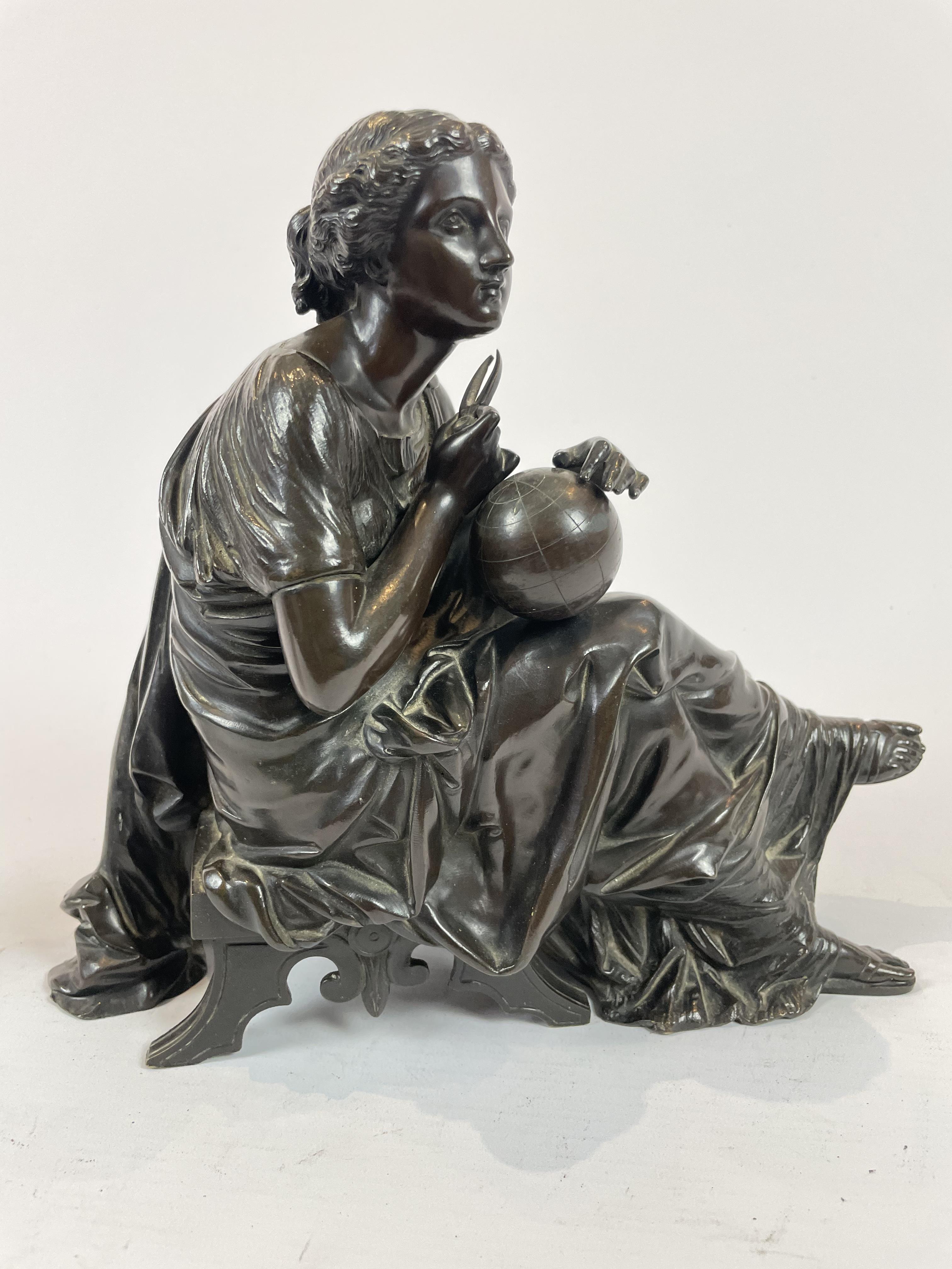 A 19th C. Bronze Figure Of A Classical Lady Seated Holding Calipers Over A Terrestrial Globe - Image 2 of 2