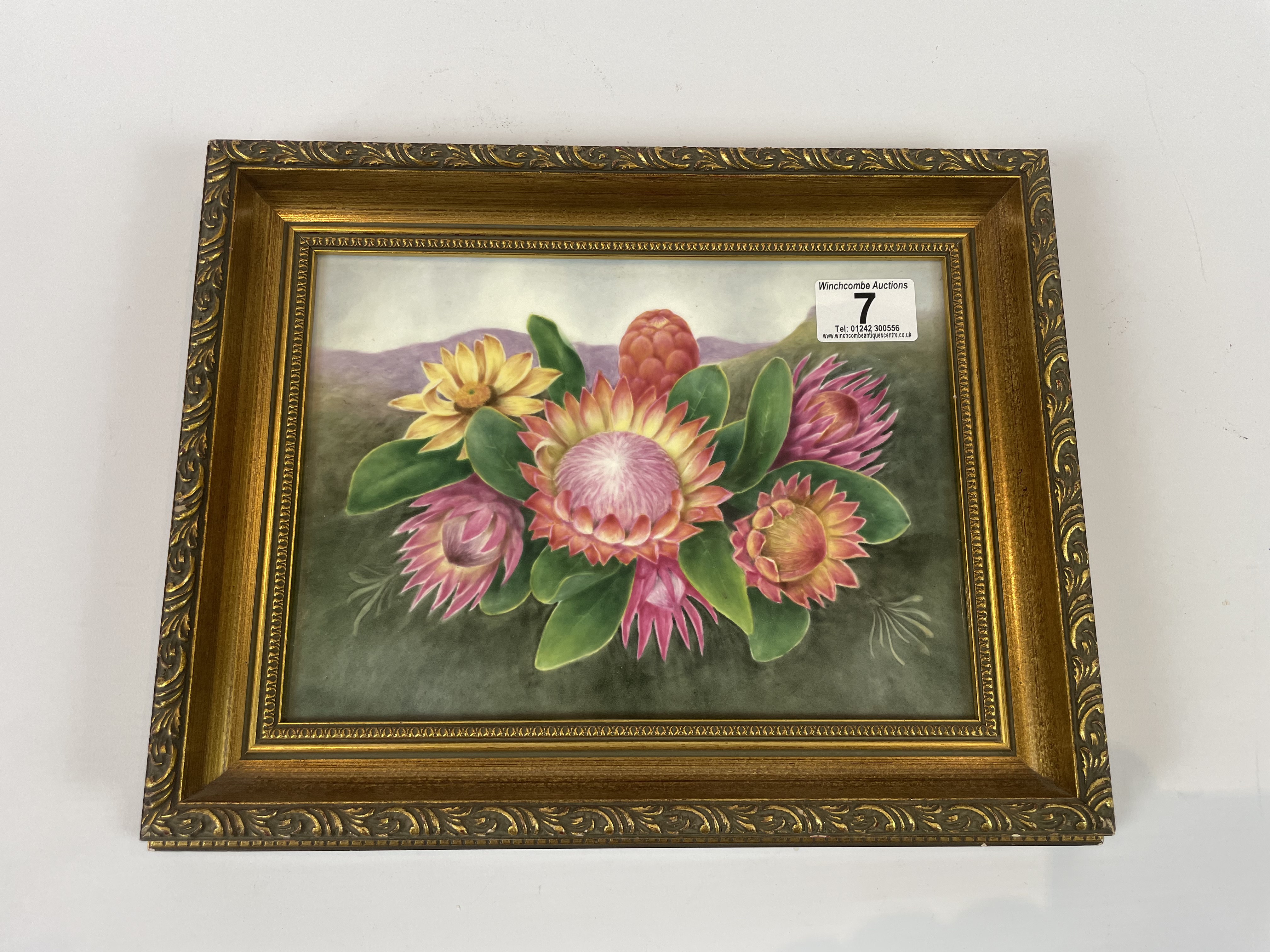 Porcelain Picture Plaque Of Flowers In Gilt Frame