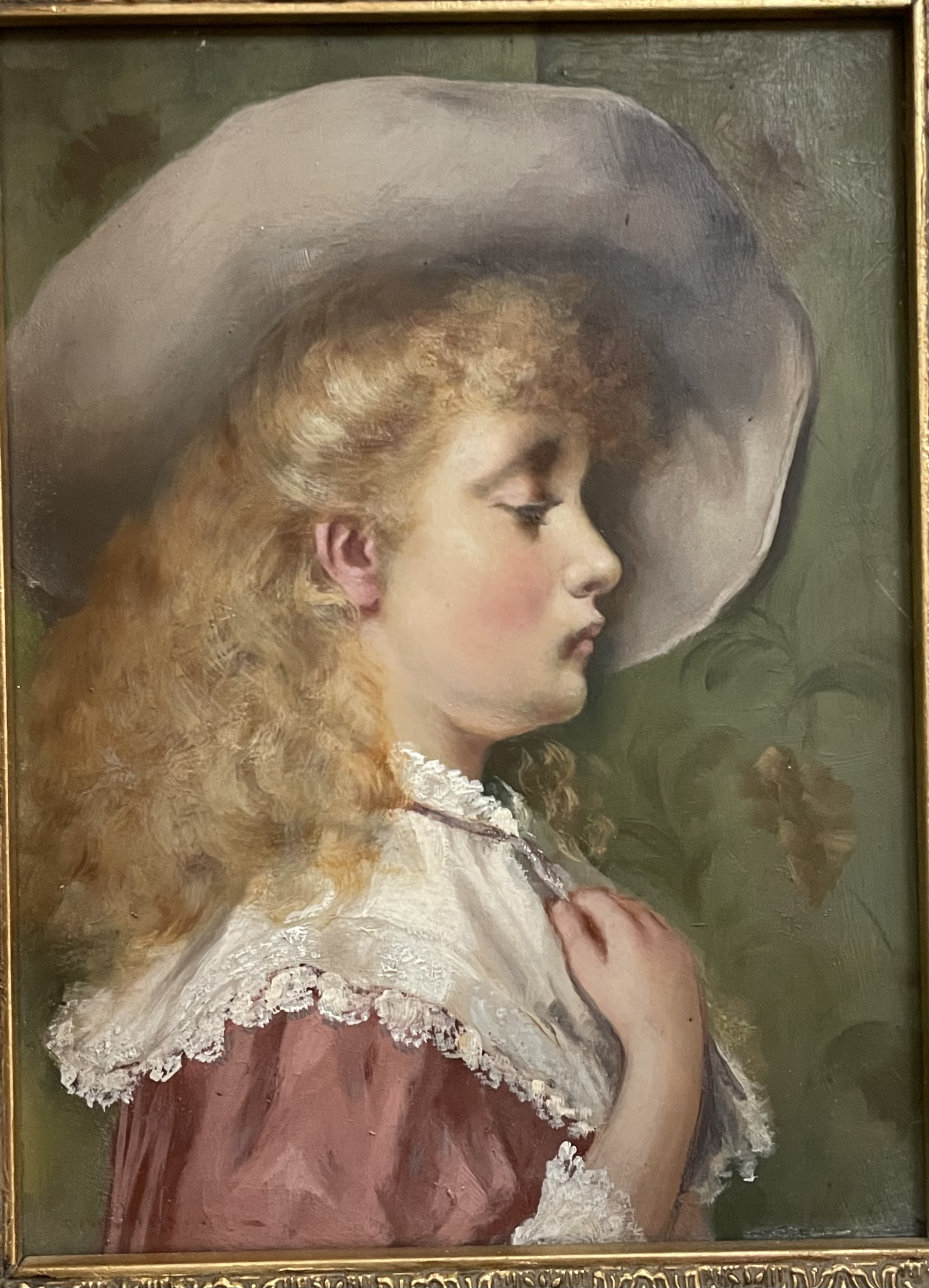 A 19th Century Oil On Board Portrait Of Blonde Hair Girl  In Modern Frame