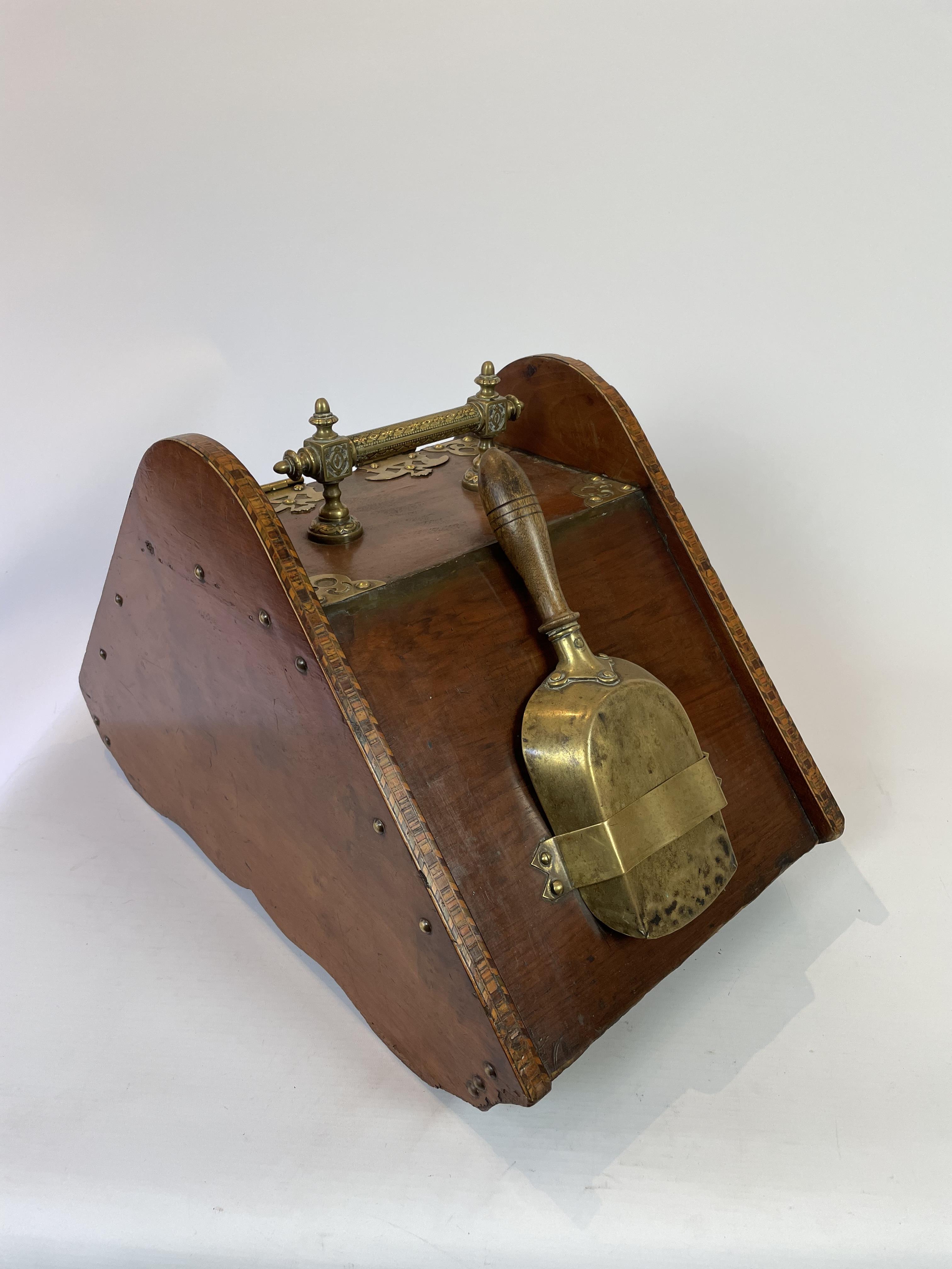 A Victorian brass mounted coal scuttle and shovel with inlay - Image 2 of 2