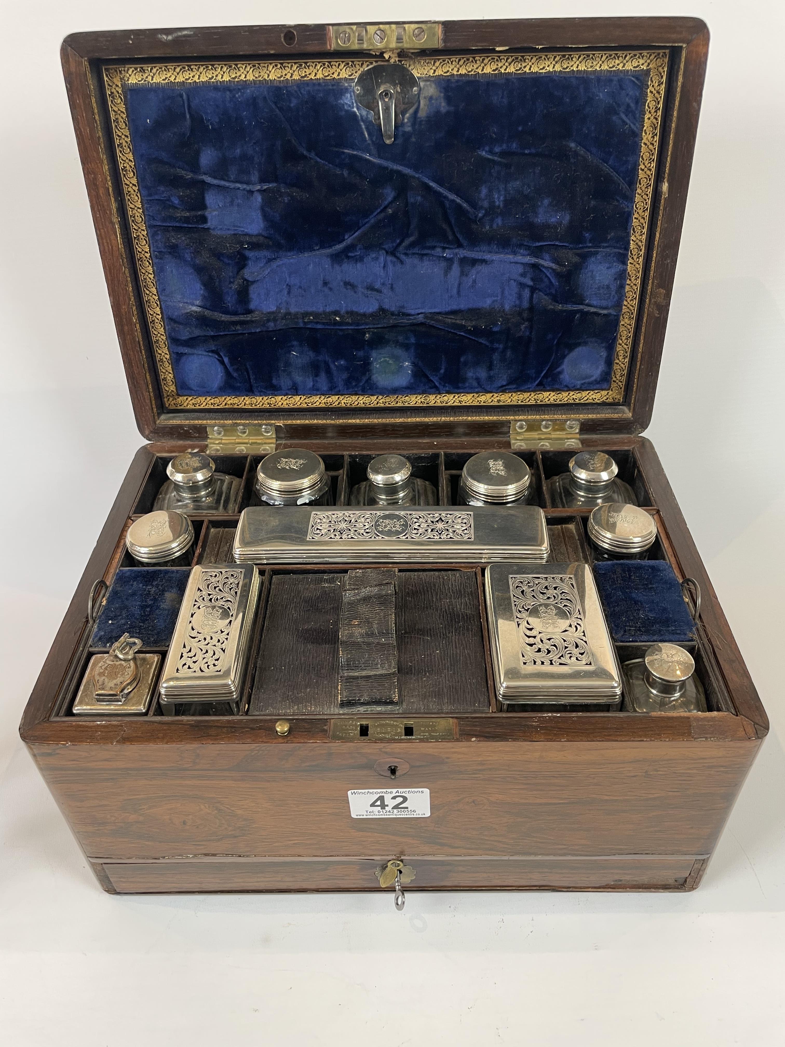 A Rosewood Vanity Box With Silver Lidded Fittings. Dated London 1834