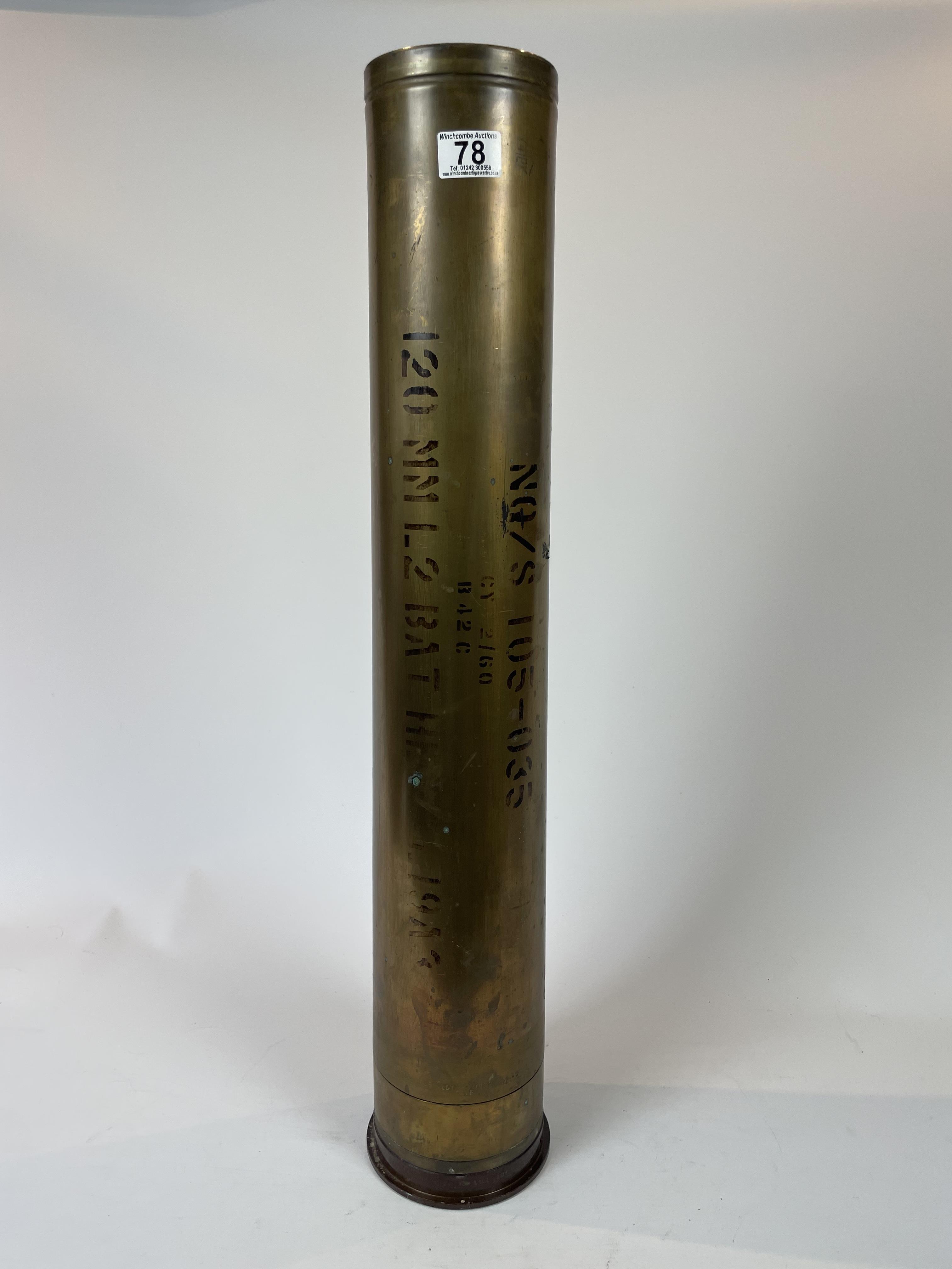 A Large Military Brass Shellcase 120mm, 79cm tall