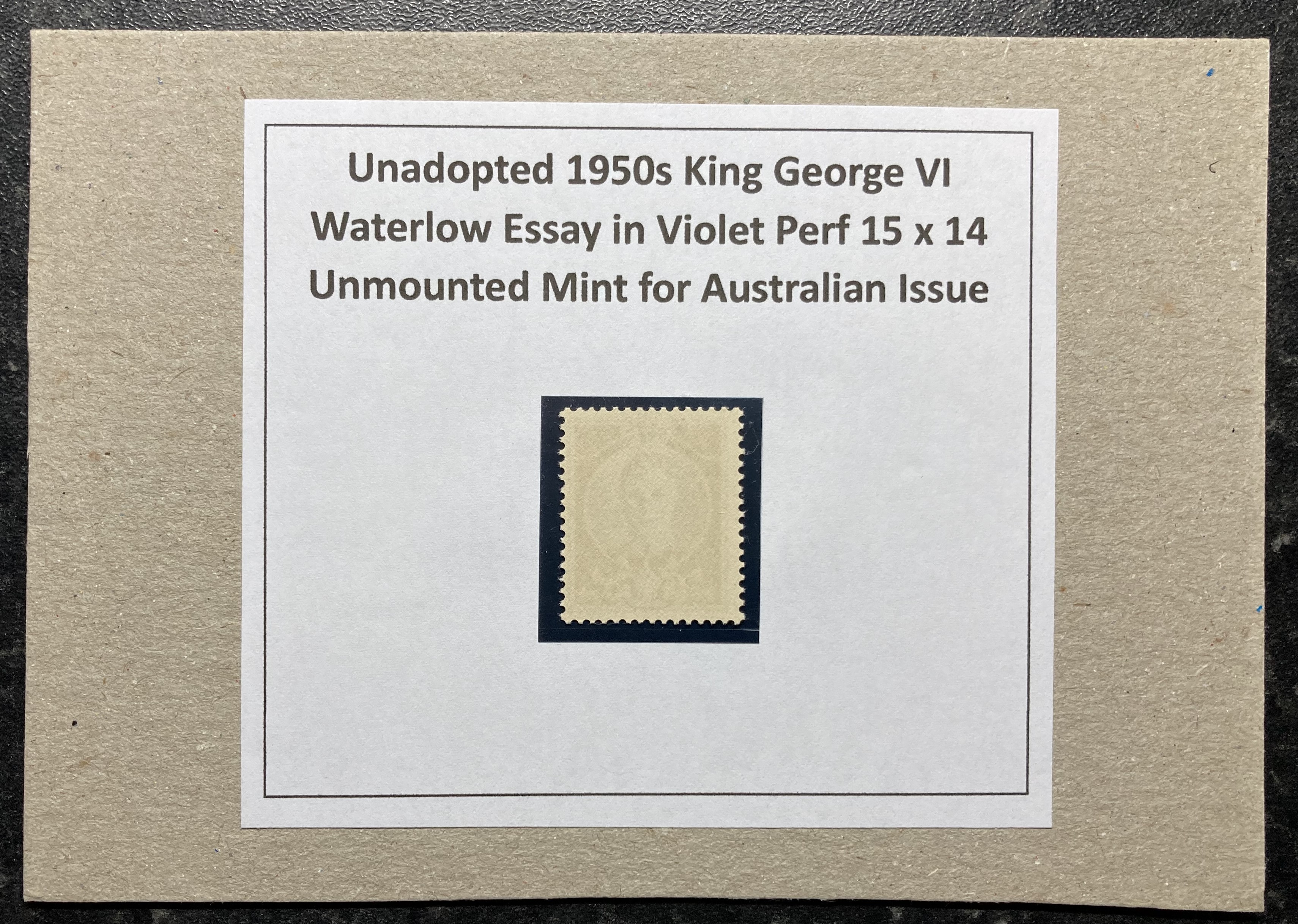 Australia stamp: Unadopted 1950s Waterloo KGVI essay in violet, perf 15x14, unmounted mint. - Image 2 of 3