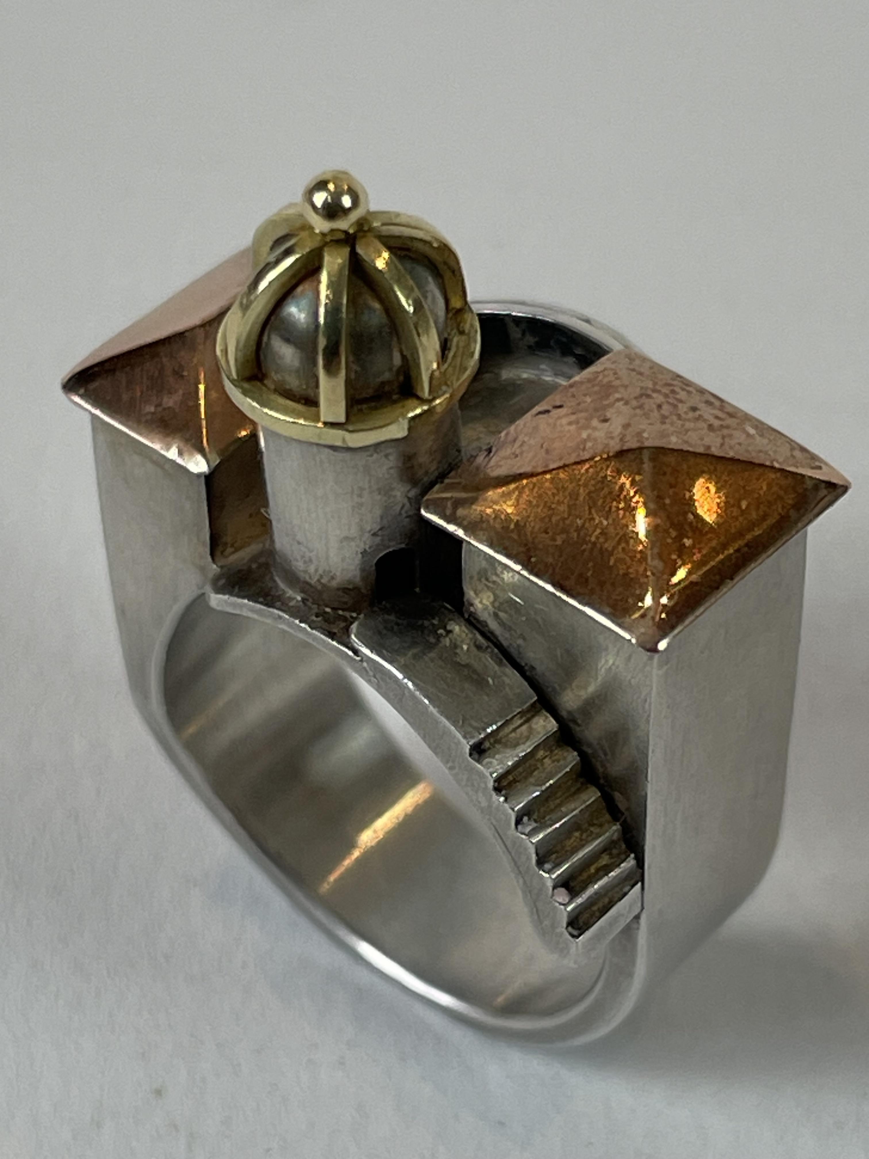 Vicky Ambery Smith Silver and Gold Architectural Ring London 1991 - Bild 2 aus 3