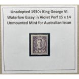 Australia stamp: Unadopted 1950s Waterloo KGVI essay in violet, perf 15x14, unmounted mint.