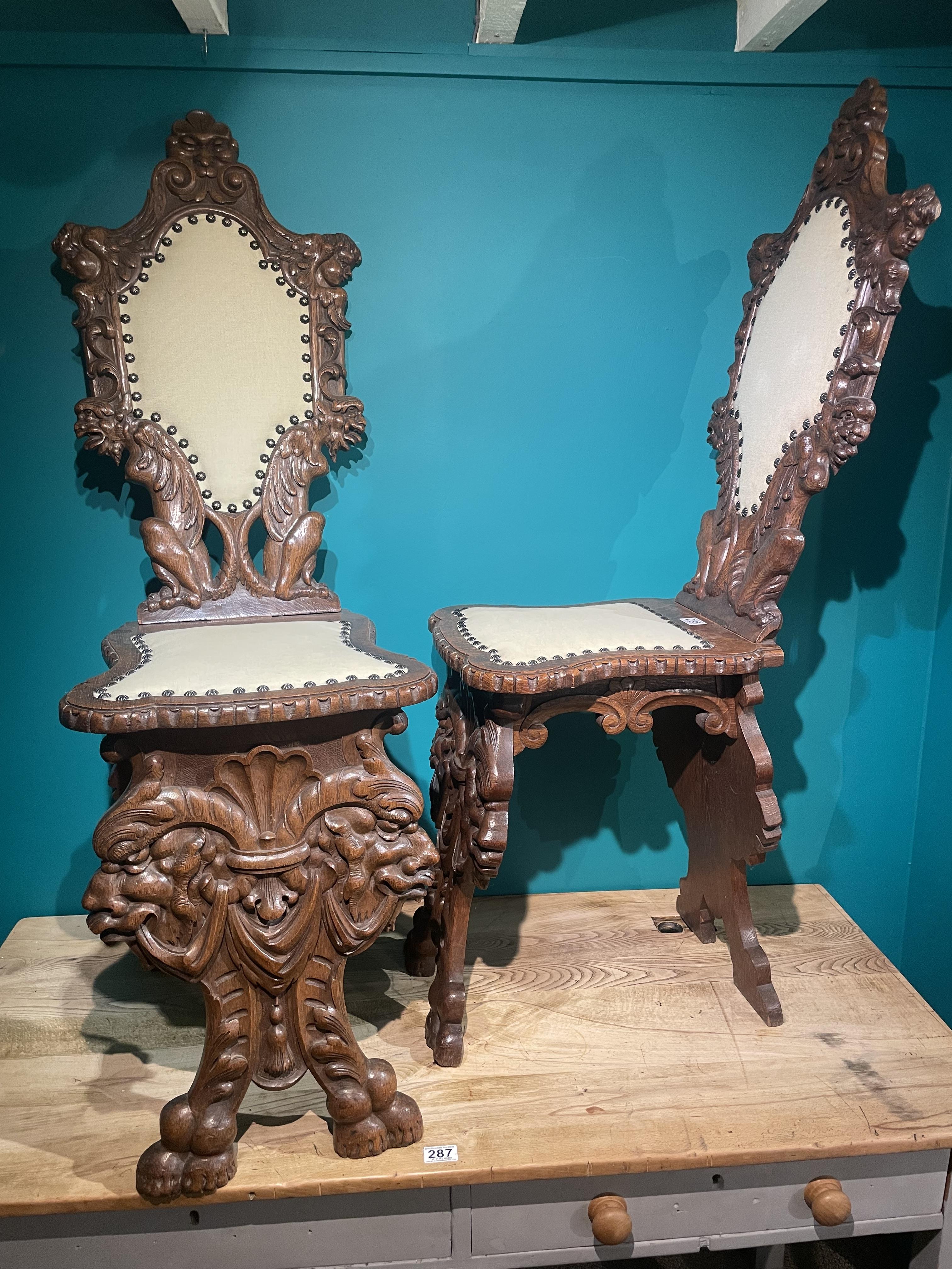 A Pair Of Continental Sgabello Chairs, Heavily Carved With Grotesques And Cherubs. - Image 5 of 7