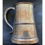 Georgian early silver-plated 2 pt tankard, c 1780. Height c16cm, base 13cm, and rim 10cm.