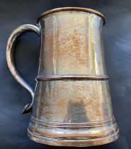 Georgian early silver-plated 2 pt tankard, c 1780. Height c16cm, base 13cm, and rim 10cm.