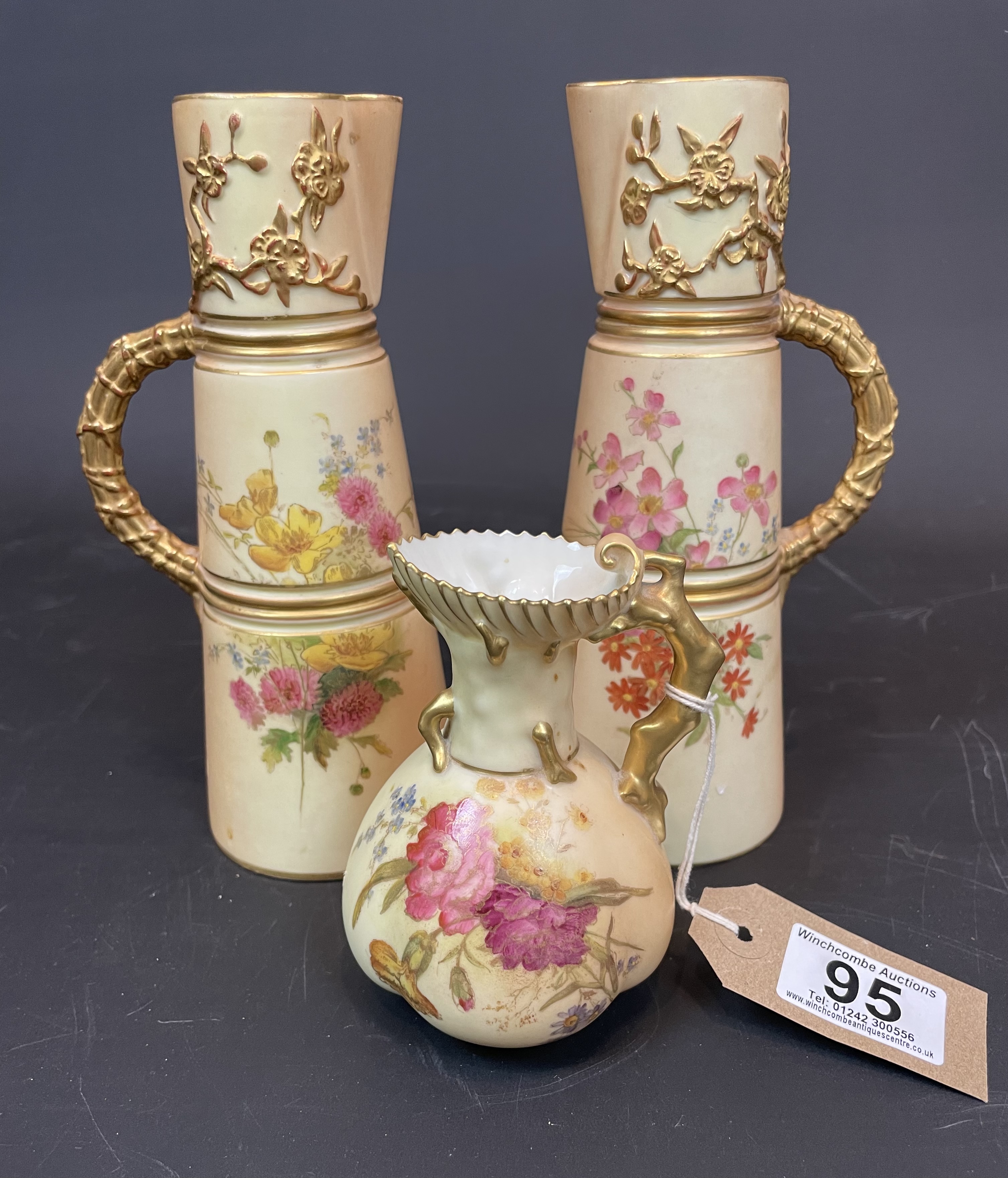 Three Royal Worcester Blush Ivory Hand Painted Jugs