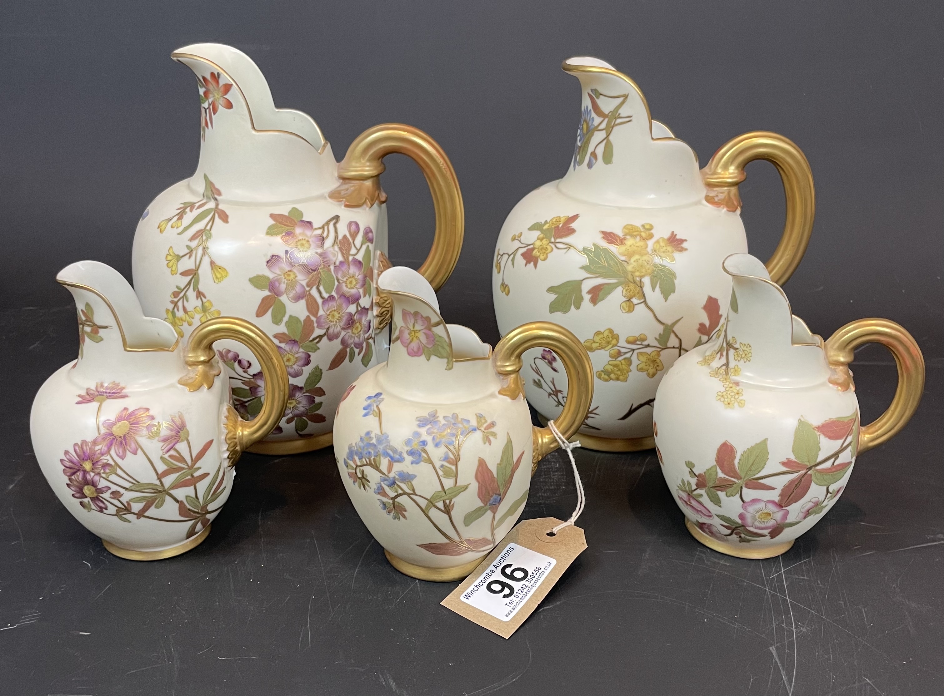Five Royal Worcester Blush Ivory Hand Painted Jugs