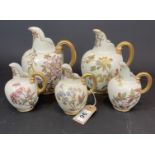 Five Royal Worcester Blush Ivory Hand Painted Jugs