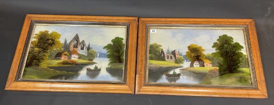 2 Victorian Reverse Landscape Paintings On Glass In Burr Maple Frames