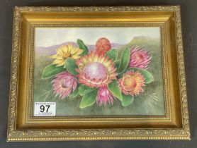 Porcelain Picture Plaque Of Flowers In Gilt Frame