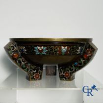 Asian Art: A three-legged bronze and cloisonne incense burner. Marked.
