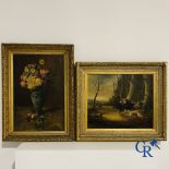 Paintings: 2 oil paintings on canvas. Hunting the wild boar and a flower painting.