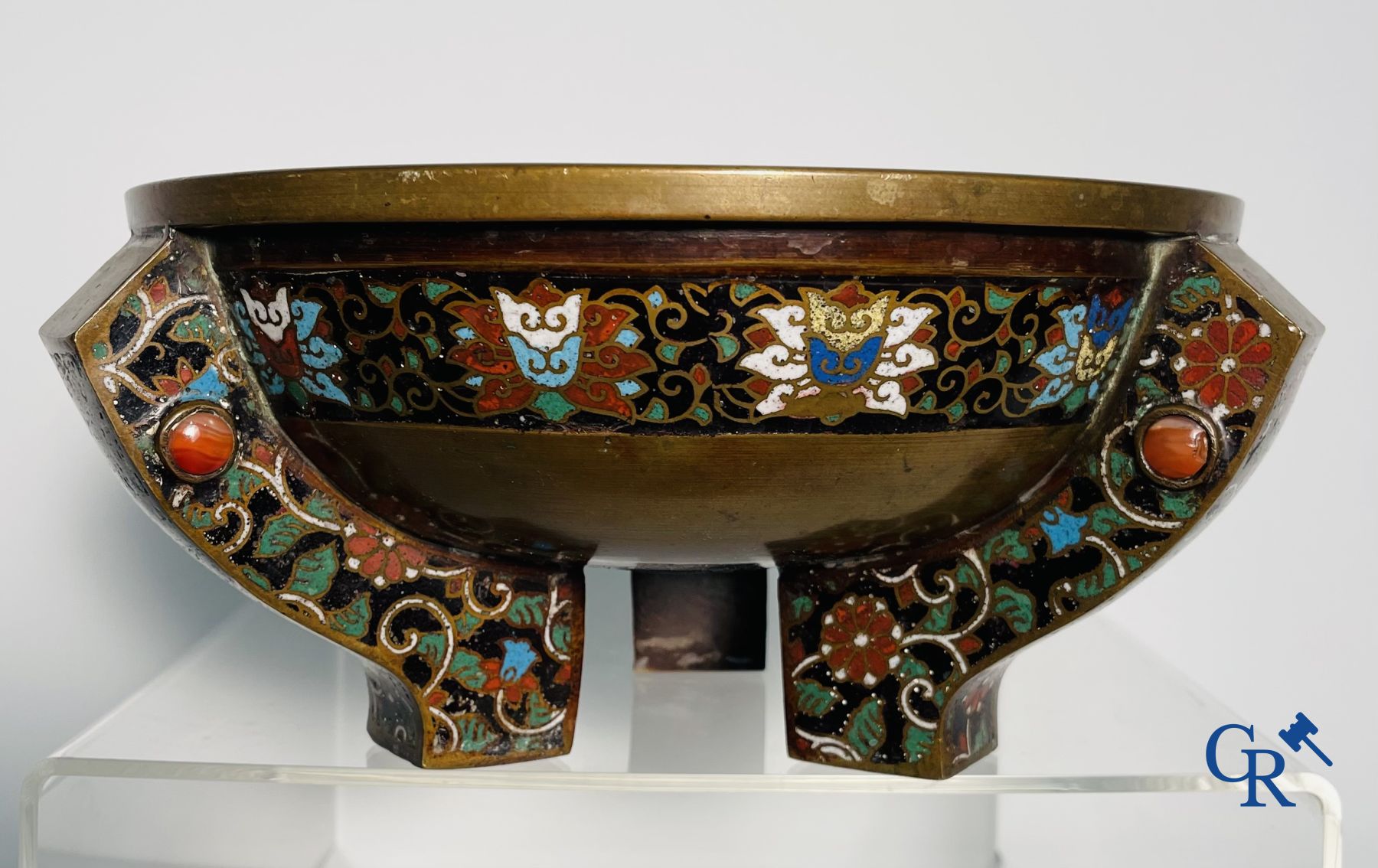 Asian Art: A three-legged bronze and cloisonne incense burner. Marked. - Image 9 of 21